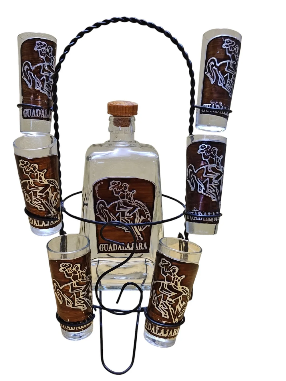 Vintage Guadalajara Tequila Decanter Set with 6 Shot Glasses Wrought Iron Stand